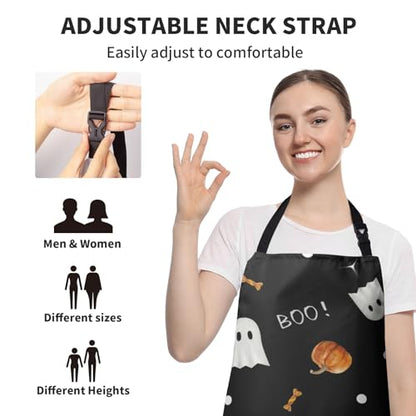 Halloween Kitchen Apron with Pockets Orange Pumpkin Cute White Ghost Chef Aprons Spooky Boo Holiday Waterproof Adjustable Aprons for Women Men Cooking - color: Ghost Pumpkin