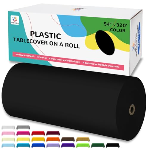54IN X 320FT Plastic Table Cover Roll with Cutter Box, Cut to Size Plastic Table Cloths for Parties, Birthday, (Black, 54"x3840"(Rectangular)) - color: Black, size: 3840" x 54" (Rectangular)