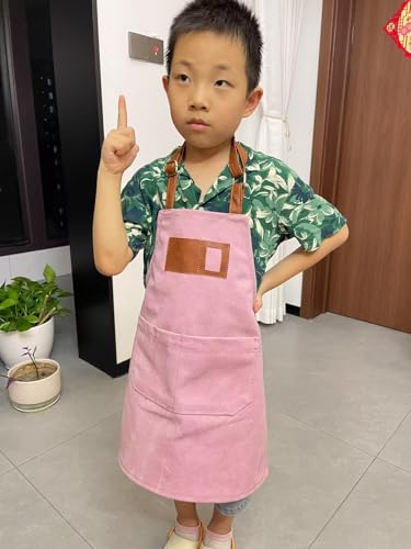 Canvas Aprons for Kids, Childrens Aprons with 4 Pockets and Card Slot Pocket for Painting Crafting Kitchen - color: Pink