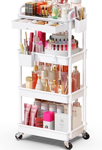 SUNALLY Makeup Cart Organizer with Drawer,4 Tier Rolling Makeup Cart, White - color: White, size: 4 Tier