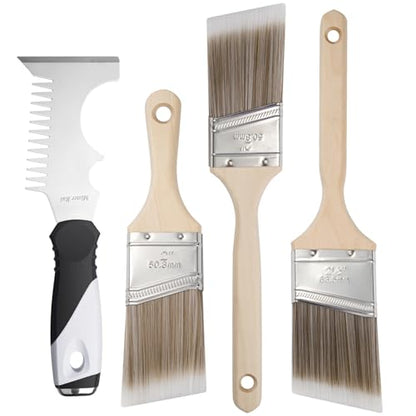 Mister Rui Angled Paint Brush 4 Pieces Set, with Paint Brush Comb Cleaner | Synthetic Paint Brush Roller Cleaner Tool 2" Short & Long Handle Paint Sash Brush for Commercial Grade Trim, Cabinet - size: 4PCS, 2" Short, 2", 2.5", Paint Comb