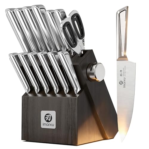 imarku Japanese High Carbon Stainless Steel Knife Set with Block, Precision-Forged Gyutou Kitchen Knives with Built-in Sharpener, Ultra-Sharp 10–15° Edge, Ergonomic Non-Slip Handle, Dishwasher Safe | Precision-forged high carbon stainless steel knives wit