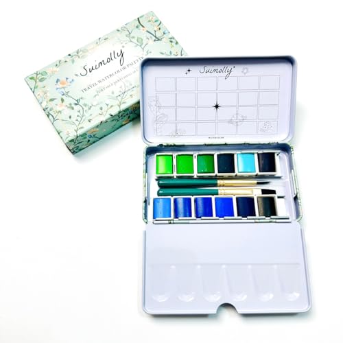 Watercolor Paint Set, 12 Colors Half Pans with Brush, Travel Portable Metal Tin Palette for Adults and Artists (Ocean Forest Tone) - color: Ocean Forest Tone