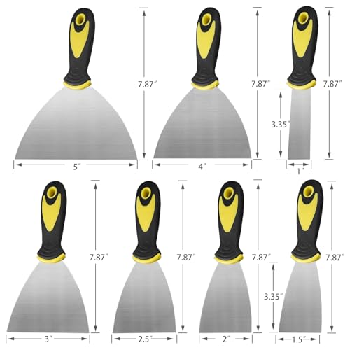 7-Piece Putty Knife Set, 1" 1.5" 2" 2.5" 3" 4" 5" Stainless Steel Paint Scraper Set for Drywall Repairing and Clearing, Wallpaper Removal, Putty Applying Adhesive, Plaster Scraping