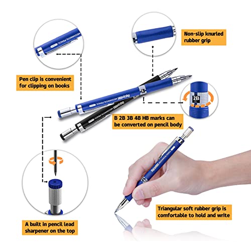 MyLifeUNIT 2.0mm Mechanical Pencil, 2mm Lead Pencil for Draft Drawing, Carpenter, Crafting, Art Sketching (Set of Pencils and Leads) - color: Blue & Black