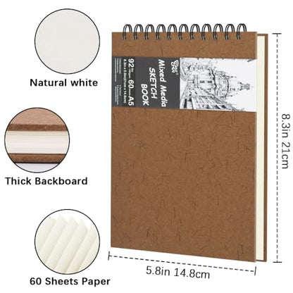 8.3" x 5.8" Hardcover Sketchbook, Top Spiral Bound Art Journal Sketchbook, 60 Sheets 92LB/150 GSM Acid-Free Drawing Neutral White Mixed Media Paper for Adults Beginners Artists.Coffee - color: 150gsm-neutral white paper coffee
