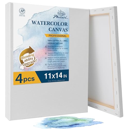 PHOENIX Professional Stretched Watercolor Canvas - 11x14 Inch/4 Pack, 100% Cotton Water Color Canvases for Painting, 8 Oz. / 260g White Blank Medium Texture Canvas for Water Based Paints - size: 11"x14", style: Framed Canvas