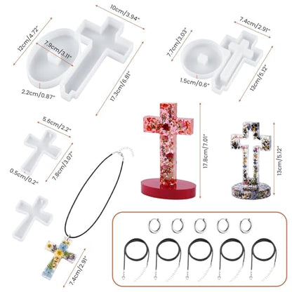 Cross Resin Mold Set with Base, Silicone Standing Cross Molds and Cross Pendant Necklace Molds, DIY Epoxy Resin Mold Kit with 5 Black Cords and 5 Jump Rings for Resin, Soap, Wax, Plaster Crafts