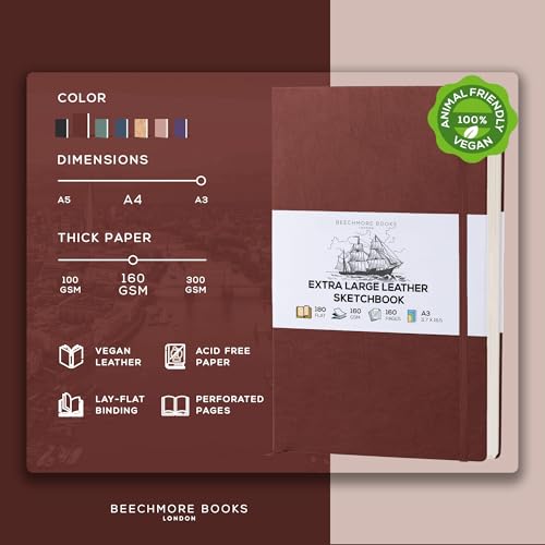Beechmore Books A3 11.7x16.5 Mixed Media Sketchbook 160 GSM/98lb, Gift Box - color: Chestnut Brown, size: A3 - 11.7" x 16.5" Extra Large