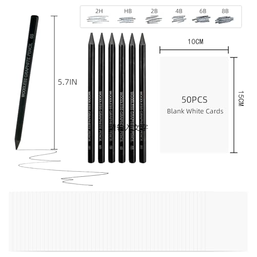LIVHOLIC Woodless Graphite Drawing Pencils Set,6 Black Lead Pre-Sharpened 2H HB, 2B, 4B, 6B 8B Degrees Coloring Pencils, 50PK Blank Watercolor Card for Sketching,Writing,Shading