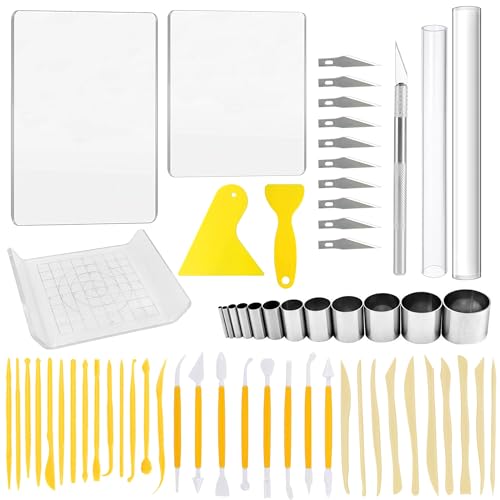 Yayatty Polymer Clay Tools, Acrylic Clay Roller, Acrylic Sheet, Rotary Cutting Mat, Round Polymer Clay Cutters with Clay Slicer Blade for Pottery and Sculpture (62 PCS) - color: 62 PCS