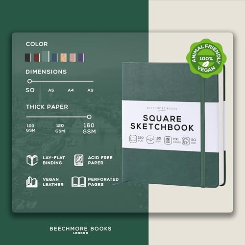 Beechmore Books 8x8 Square Mixed Media Sketchbook 160 GSM/98lb, Gift Box - color: Dartmouth Green, size: Square - 8" x 8"
