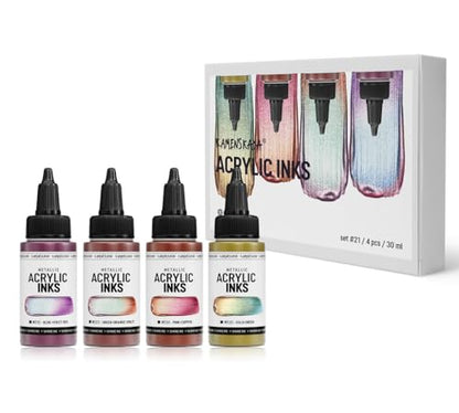 Kamenskaya Acrylic Ink Set – Chameleon Metallics – 4 x 1 Fl Oz Bottles - color: Blue-violet-red, Green-orange-violet, Pink-copper, Gold-green, style: Chameleon Metallic