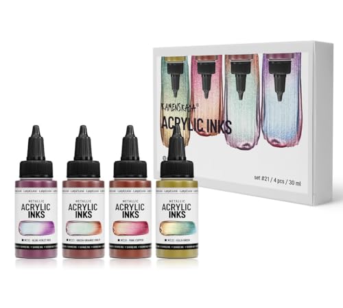 Kamenskaya Acrylic Ink Set – Chameleon Metallics – 4 x 1 Fl Oz Bottles - color: Blue-violet-red, Green-orange-violet, Pink-copper, Gold-green, style: Chameleon Metallic