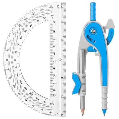 EBOOT Student Geometry Math Set, Drawing Compass and 6 Inch Clear Swing Arm Protractors 180 Degree Math Protractor(Blue) - color: Blue