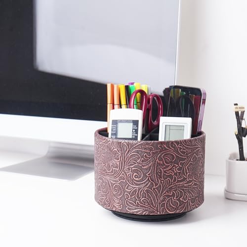 Round Leather Art Supply Organizer,Remote Control Holder,360 Degree Spinning,Multi-Functional Pencil Holder,4 Compartments Desktop Stationary Organizer(1-Carved Cooper Red) - color: 1-Carved Cooper Red