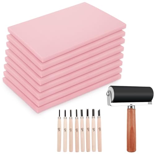 8PCS 4x6 Inch Linoleum Carving Blocks for Printmaking, Rubber Linocut Block Stamp Making Kit with Wood Carving Tools and Rubber Brayer Roller, Soft Stamp Carving Kit for DIY Crafts