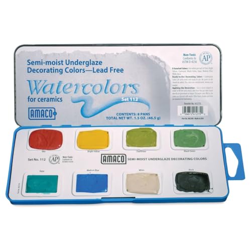 AMACO Semi-Moist Underglazes 8-Count Set No. 5 (#112), 8 Assorted Decorating Colors in Watercolor-Like Pans, Low/Mid-High Fire Cone 05-6 (SMUG) Ceramic Pottery Underglazes for Unfired Clay and Bisque - color: 8-Count Set No. 5 (#112)