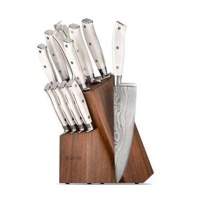 Yatoshi 12 Piece White Knife Block Set - Pro Kitchen Knife Set Ultra Sharp High Carbon Stainless Steel with Ergonomic Handle - color: White, size: 12-Piece