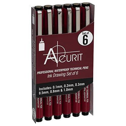 Acurit Waterproof Technical Black Ink Pens - 6 Pack, Assorted Sizes | Professional Waterproof Technical Pen, Rich Black Ink, Acid-Free, Light Fast, for Sketching, Drawing, Calligraphy, & More! - - size: 1 Count (Pack of 6)