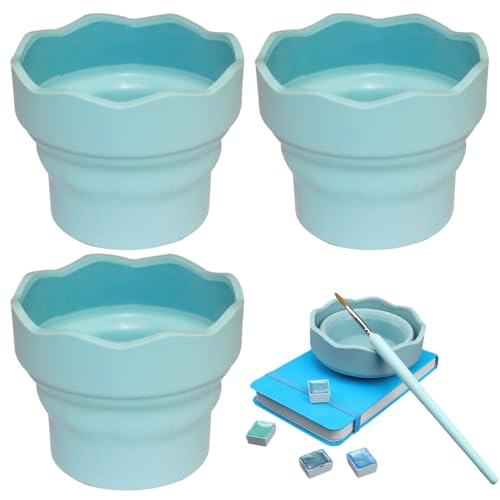 3 PCS Collapsible Paint Brush Washer Mini Foldable Silicone Watercolor Acrylic Oil Painting Silicone Washing Bucket Brush Holder Organizer Painting Water Cup for Watercolor Oil Painting - color: Blue