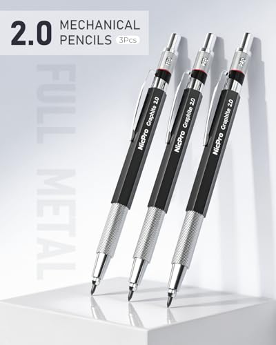 Nicpro 2mm Metal Mechanical Pencil Set with Case, 3PCS | Lead Pencil Holder 2.0 mm+144PCS Lead Refills (4H 2H HB 2B 4B 6B Color), 2mm Pencils for Drafting Writing Drawing Sketching - size: 3 Pack