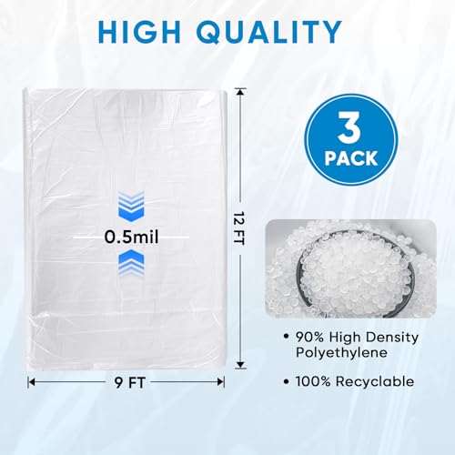 TICONN 12 x 9 Ft Plastic Drop Cloth for Painting, Waterproof Painters Plastic Sheeting, Painting Tarp for Furniture Cover, Floor Protection (3PK, 0.5Mil) - size: 0.5 Mil