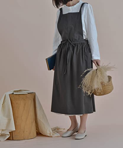 VLZUFE Women Cotton Linen Cross Back Apron with Pockets for Gardening Works Pinafore Dress - color: Dark Grey