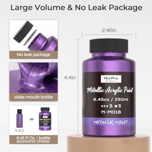 Nicpro Metallic Violet Acrylic Paint, 8.45oz/250ml Purple Craft Paint, | Large, Non Toxic, Non Fading Art Paint for Wood, Metal, Clay, Fabric, Canvas, Ceramic, Furniture, Handcrafts - color: Metallic Violet, size: 8.45 Fl Oz (Pack of 1)