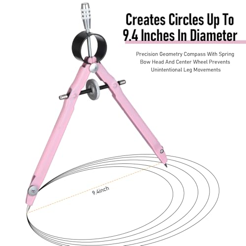EBOOT Student Geometry Math Set, Metal Drawing Compass and 6 Inch Clear Swing Arm Protractors 180 Degree Math Protractor(Pink and Pink) - color: Pink and Pink
