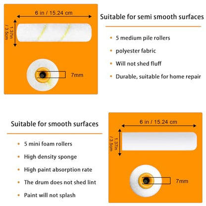 10 Pcs 6 inch Paint Roller Cover with 2 Frame Set | Microfiber Roller, High Density Foam Paint Rollers, Mini Paint Brush Kit for Painting Walls,Ceilings,Cabinets,Cupboards,Doors - size: 6", 10pieces