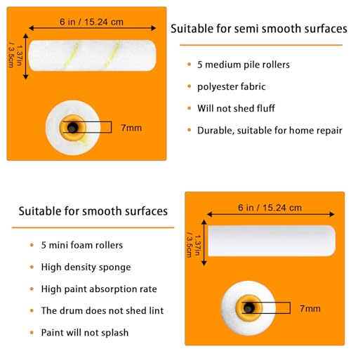 10 Pcs 6 inch Paint Roller Cover with 2 Frame Set | Microfiber Roller, High Density Foam Paint Rollers, Mini Paint Brush Kit for Painting Walls,Ceilings,Cabinets,Cupboards,Doors - size: 6", 10pieces
