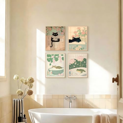 TWNSLLA Japanese Bathroom Wall Art Set of 4,Cute Cat&Frog in Bathtub Canvas Art Prints,Funny Bathroom Pictures Painting Netural Animal Wall Decor for Bedroom Kids Room Nursery,8x10in,Unframed - color: Japanese Bathroom