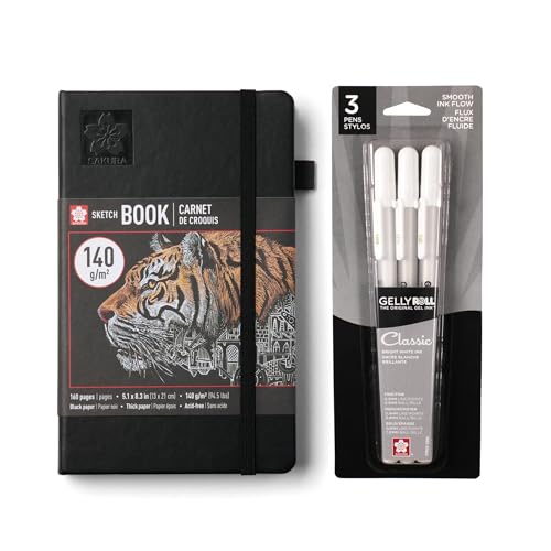 Sakura A5 Sketchbook & Gelly Roll White Bundle, Black Paper, 5.1x8.3"