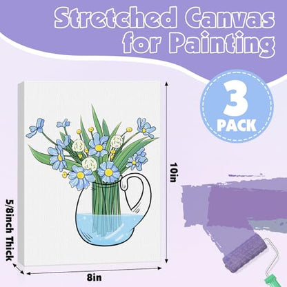 ESRICH Stretched Canvas for Painting, 3 Pack 8x10 Canvas Value Pack, Primed Acid-Free Cotton Blank Canvas, Paint Canvases for Oil & Acrylic Paint. - size: 8x10in