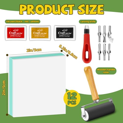 12pcs 2"x2" Rubber Carving Blocks, Linoleum Block Stamp Making Kit for Beginners - DIY Stamp Making, Printmaking Crafts (White & Green) - color: 12pack, size: 2"x2"