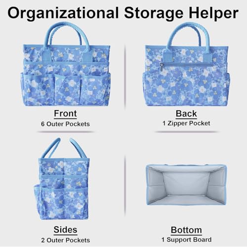 Cupohus Craft Organizer Bag, Blue Print Art Supply Tote with Multiple Pockets - color: Blue Flower