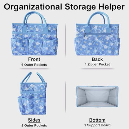 Cupohus Craft Organizer Bag, Blue Print Art Supply Tote with Multiple Pockets - color: Blue Flower