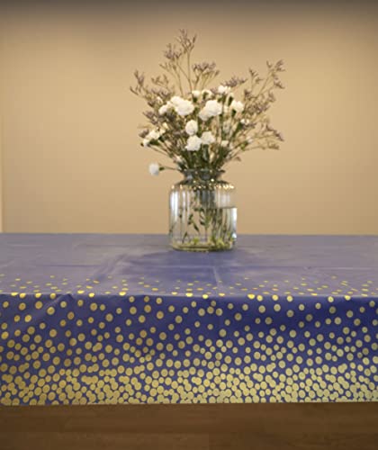 Neatiffy Disposable Plastic Table Cloth Roll with Slide Cutter | Waterproof Cover for Rectangle, Square, Oval Tables | Picnic, Party, Banquet, Birthdays, Weddings - Blue with Gold Dots - color: Blue Gold Dots, size: 54 inches X 100 feet