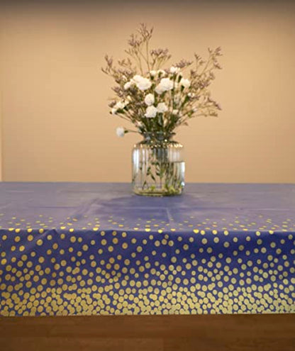 Neatiffy Disposable Plastic Table Cloth Roll with Slide Cutter | Waterproof Cover for Rectangle, Square, Oval Tables | Picnic, Party, Banquet, Birthdays, Weddings - Blue with Gold Dots - color: Blue Gold Dots, size: 54 inches X 100 feet