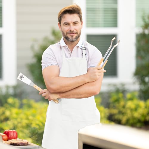 Adjustable Bib Apron 100% Polyester Kitchen Aprons Waterdrop Resistant Aprons with Adjustable Strap, Pockets & Long Ties - color: White, style: Pack of 12