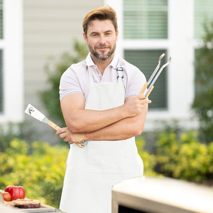 Adjustable Bib Apron 100% Polyester Kitchen Aprons Waterdrop Resistant Aprons with Adjustable Strap, Pockets & Long Ties - color: White, style: Pack of 2