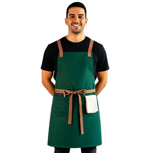 Professional Work Apron for Men & Women – 100% Cotton with waterproof Membrane, Cross Back Straps - color: Moss Green