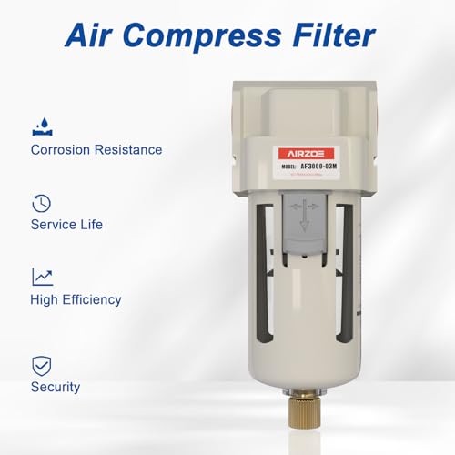 AIRZOE 3/8" NPT Air Dryer for Compressor - Air Compressor Water Separator AF3000-03, Semi-Auto Drain,5 Micron Brass Element, Poly Bowl - size: 3/8" NPT