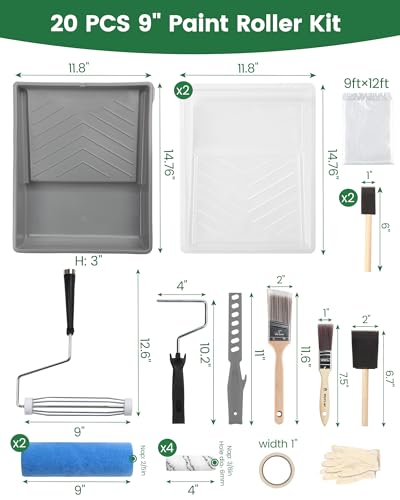 VOOMEY Paint Roller Kit 9 Inch, 20piece Painting Tool Kits | 4" & 9" Microfiber Roller Covers, Paint Tray with Liners, House Painting Supplies for Interior Exterior DIY - style: 20pcs paint roller kit