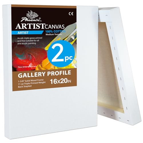 PHOENIX 16x20 Inch 2 Pack Gallery Canvas - 1.5 in Thick Large Canvases for Painting - Deep Edge 100% Cotton 11 Oz. Gesso Primed White Blank Professional Canvas Oil & Acrylic Paints - size: 16"x20", style: Gallery