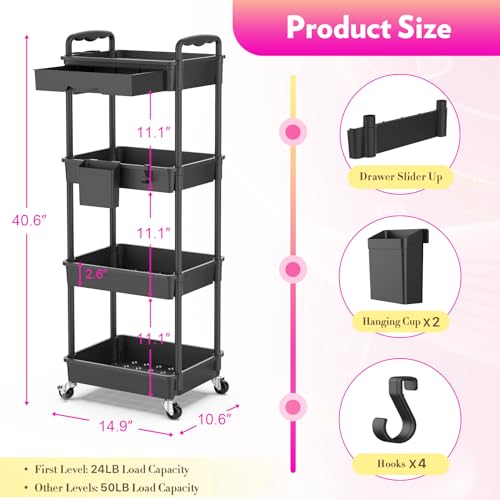 SUNALLY Makeup Cart Organizer with Drawer,4 Tier Rolling Makeup Cart, Black - color: Black, size: 4 Tier