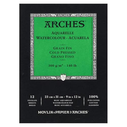 Arches Watercolor Paper Pad, 140 Pound, Cold Press, 9"x12", 12 Sheets/Pack, Case of 3 Packs - size: 9"x12" (Pack of 3), style: Cold Press