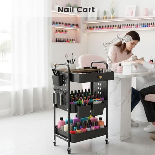 danpinera 3-Tier Rolling Cart, Metal Rolling Storage Cart with Wooden Table Top & DIY Pegboards, Storage Cart with Wheels, Hooks & Hanging Cups, Storage Organizer Cart Craft Art Cart, Black