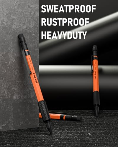 Nicpro 3 PCS 1.3 mm Mechanical Pencils Set with 66 Lead Refill, 3 Eraser | MP2000 Orange Weatherproof Metal Barrel, Heavy Duty Carpenter Pencil for Outdoor Construction Marking Drafting and Drawing - style: 3 Pack (Orange)